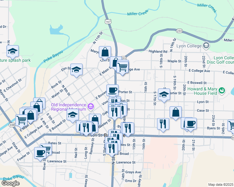 map of restaurants, bars, coffee shops, grocery stores, and more near 1215 East Boswell Street in Batesville