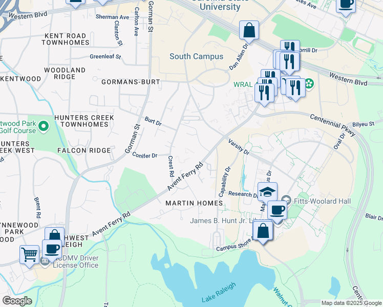 map of restaurants, bars, coffee shops, grocery stores, and more near 2500 Avent Ferry Road in Raleigh