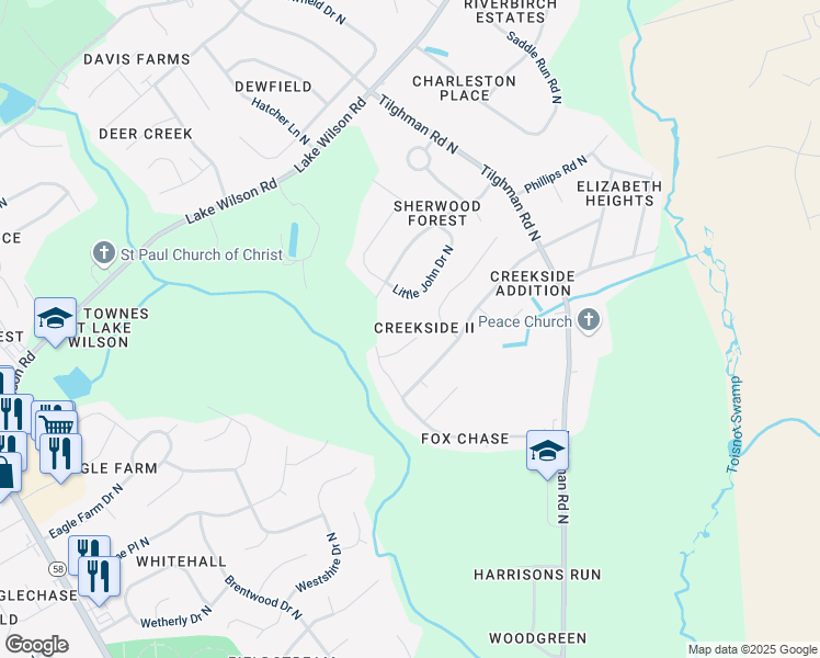 map of restaurants, bars, coffee shops, grocery stores, and more near 3709 Marion Court North in Wilson