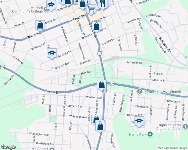 map of restaurants, bars, coffee shops, grocery stores, and more near 704 South Meeting Street in Statesville