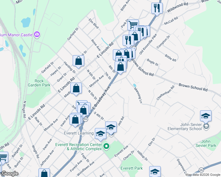 map of restaurants, bars, coffee shops, grocery stores, and more near 1910 East Broadway Avenue in Maryville