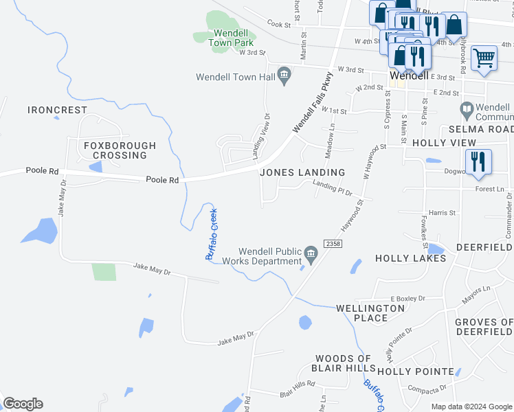 map of restaurants, bars, coffee shops, grocery stores, and more near 702 Landing View Drive in Wendell
