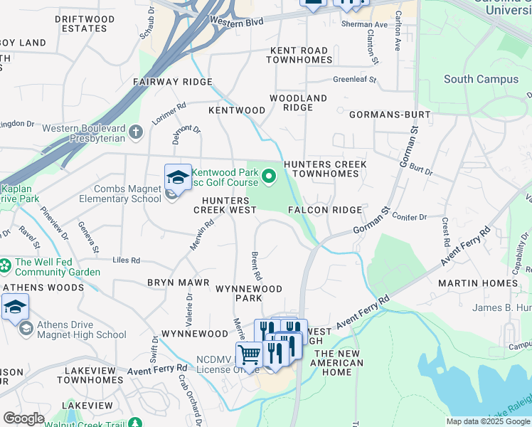 map of restaurants, bars, coffee shops, grocery stores, and more near 554 Brent Road in Raleigh