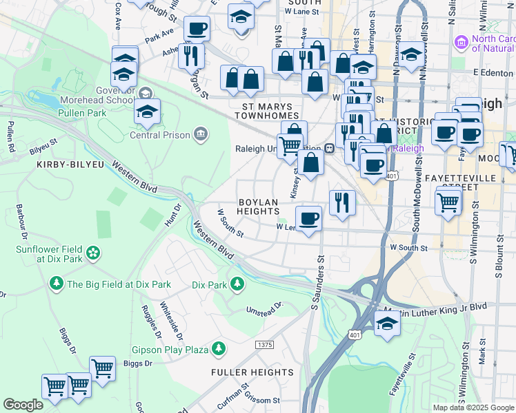 map of restaurants, bars, coffee shops, grocery stores, and more near in Raleigh