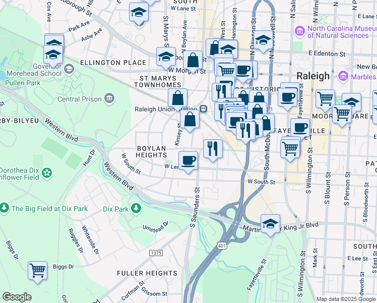 map of restaurants, bars, coffee shops, grocery stores, and more near 505 Florence Street in Raleigh