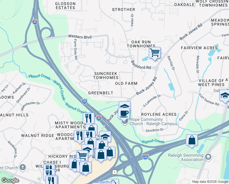 map of restaurants, bars, coffee shops, grocery stores, and more near 600 Harvest Lane in Raleigh