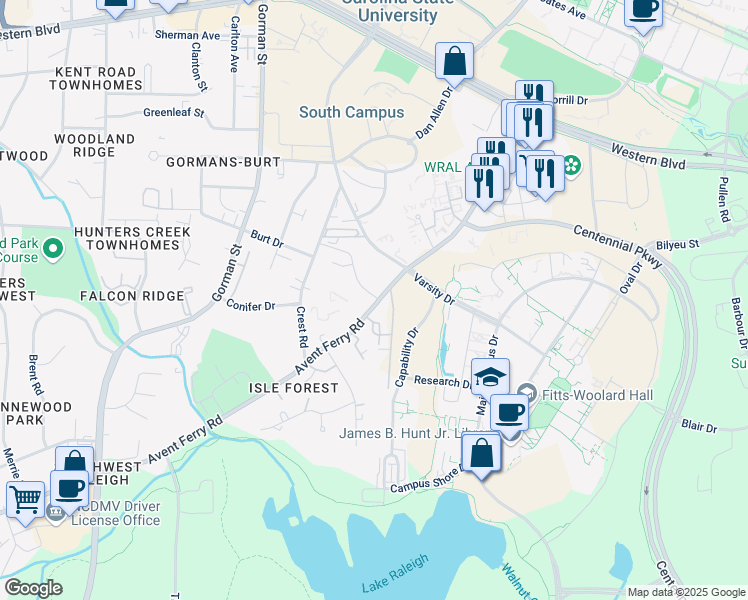 map of restaurants, bars, coffee shops, grocery stores, and more near 2506 Avent Ferry Road in Raleigh