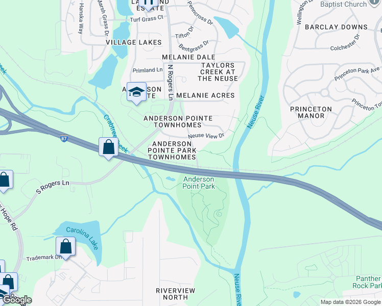 map of restaurants, bars, coffee shops, grocery stores, and more near 5408 Neuse View Drive in Raleigh