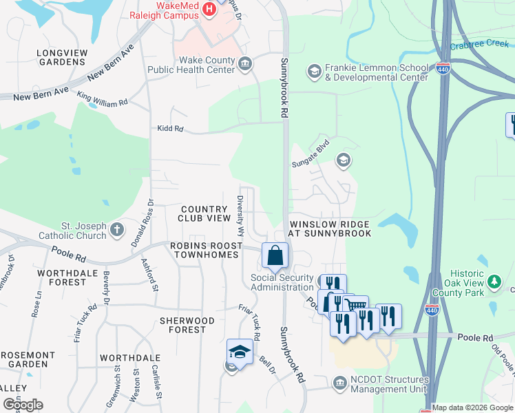 map of restaurants, bars, coffee shops, grocery stores, and more near 317 Sustainable Way in Raleigh