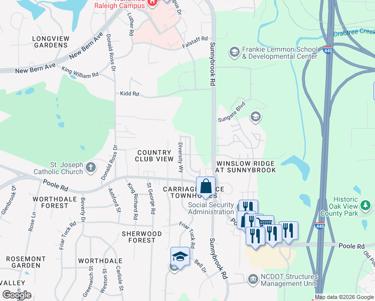 map of restaurants, bars, coffee shops, grocery stores, and more near 317 Sustainable Way in Raleigh
