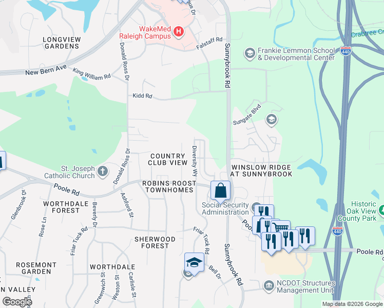 map of restaurants, bars, coffee shops, grocery stores, and more near 601 Rawls Drive in Raleigh