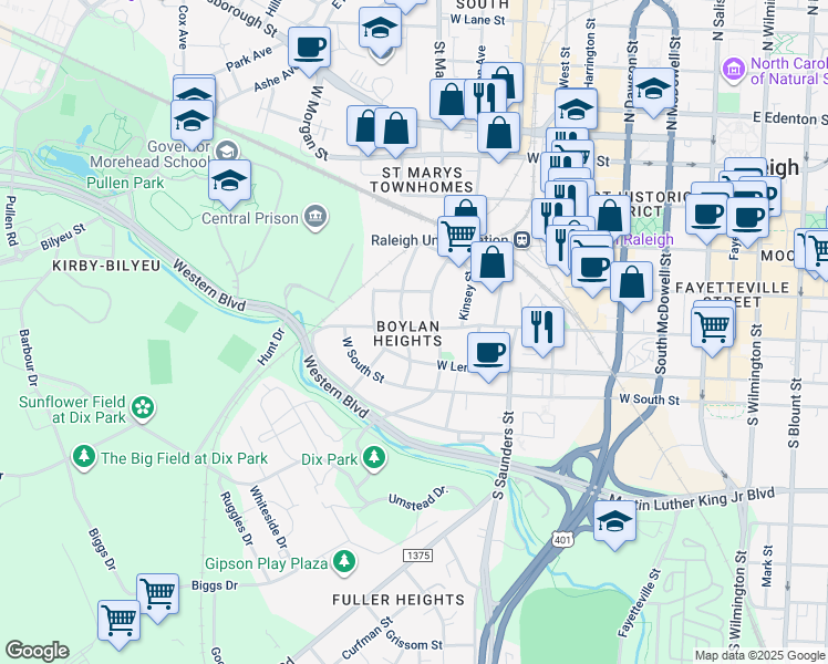 map of restaurants, bars, coffee shops, grocery stores, and more near 414 South Boylan Avenue in Raleigh