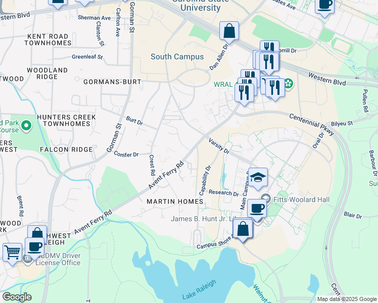 map of restaurants, bars, coffee shops, grocery stores, and more near 3504 Ivy Commons Drive in Raleigh