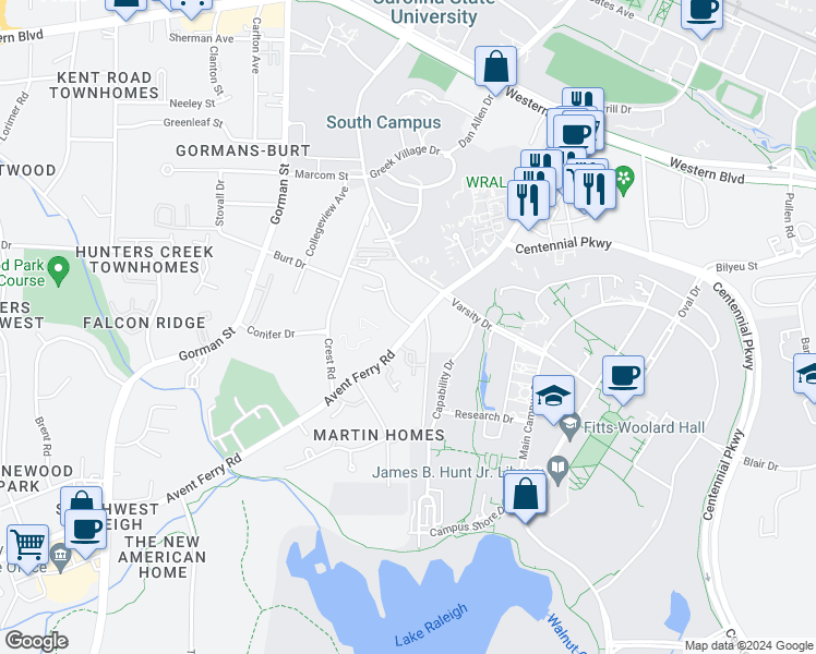 map of restaurants, bars, coffee shops, grocery stores, and more near 2506 Avent Ferry Road in Raleigh