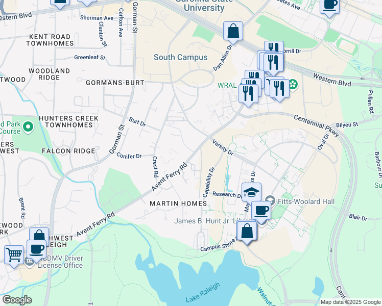 map of restaurants, bars, coffee shops, grocery stores, and more near 3504 Ivy Commons Drive in Raleigh