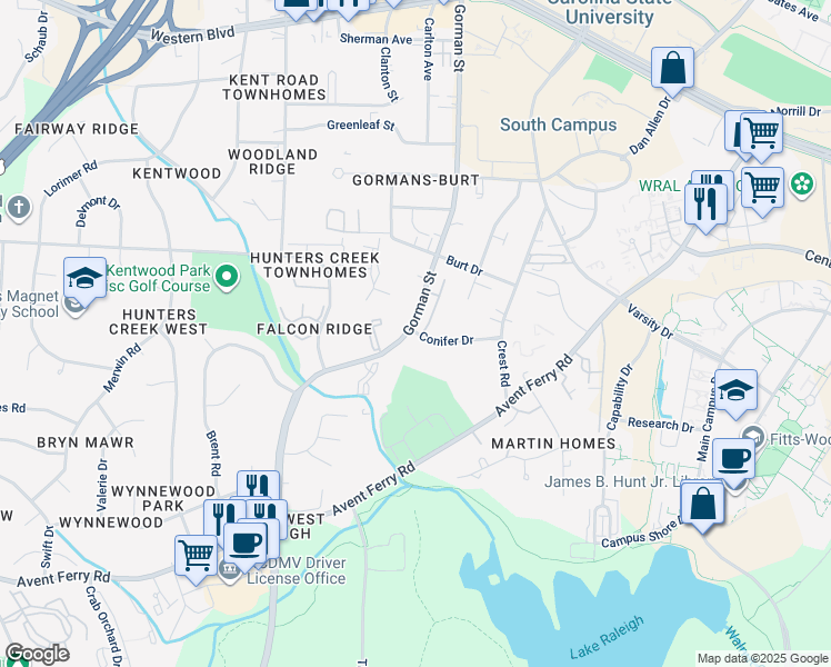 map of restaurants, bars, coffee shops, grocery stores, and more near 1725 Gorman Street in Raleigh