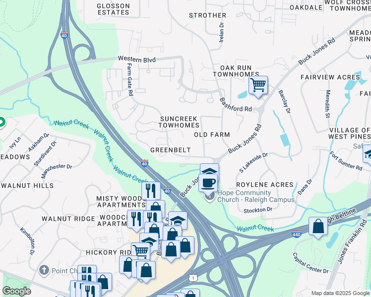 map of restaurants, bars, coffee shops, grocery stores, and more near 5911 Suncreek Court in Raleigh