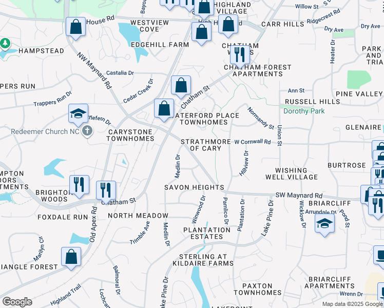 map of restaurants, bars, coffee shops, grocery stores, and more near 112 Greengate Court in Cary