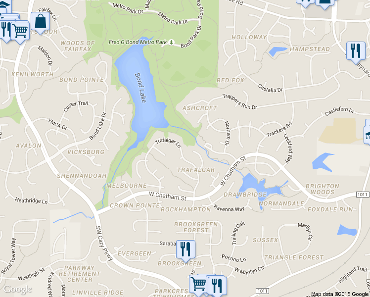 map of restaurants, bars, coffee shops, grocery stores, and more near 142 Trafalgar Lane in Cary