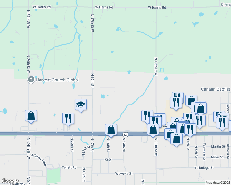 map of restaurants, bars, coffee shops, grocery stores, and more near 1401 Carver Avenue in Muskogee