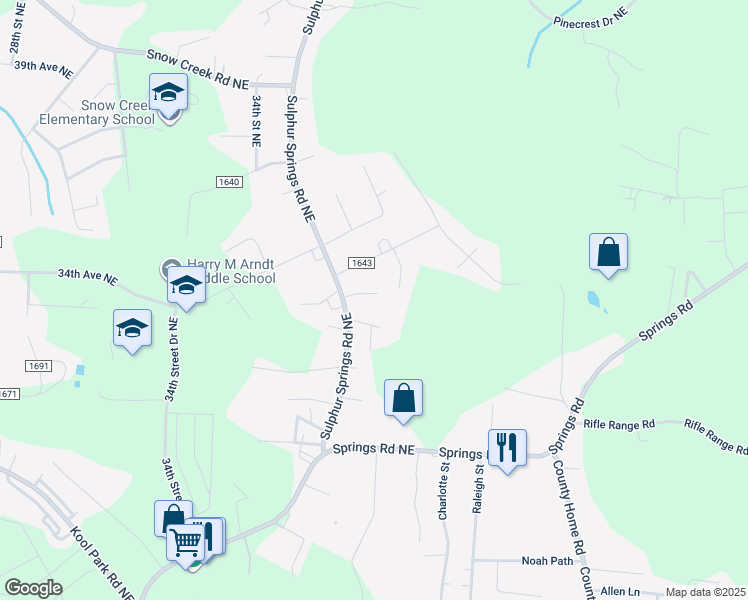 map of restaurants, bars, coffee shops, grocery stores, and more near 3640 33rd Avenue Place Northeast in Hickory