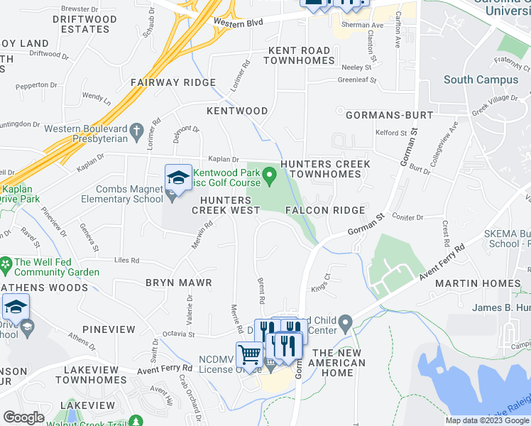 map of restaurants, bars, coffee shops, grocery stores, and more near 556 Brent Road in Raleigh