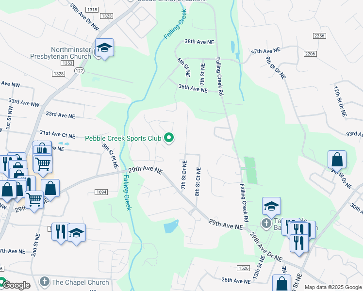 map of restaurants, bars, coffee shops, grocery stores, and more near 3125 7th Street Drive Northeast in Hickory