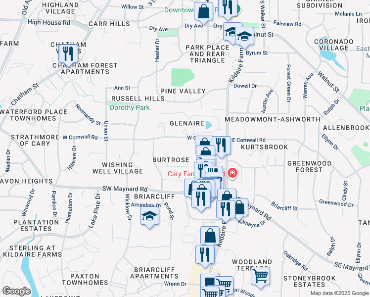 map of restaurants, bars, coffee shops, grocery stores, and more near 104 Epping Way in Cary