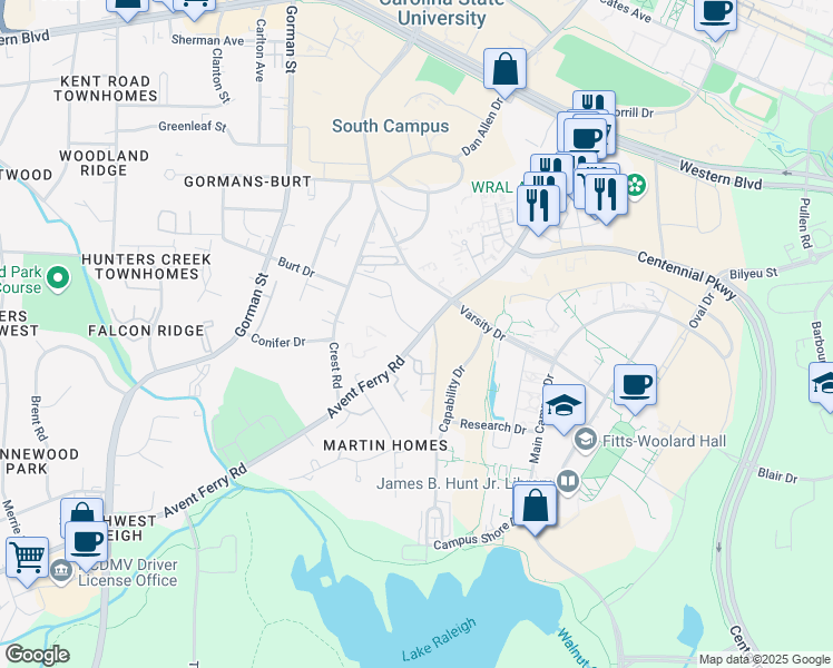 map of restaurants, bars, coffee shops, grocery stores, and more near 2504 Avent Ferry Road in Raleigh