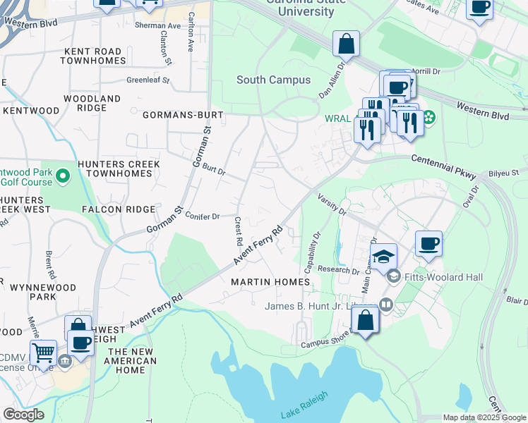 map of restaurants, bars, coffee shops, grocery stores, and more near 2500 Avent Ferry Road in Raleigh