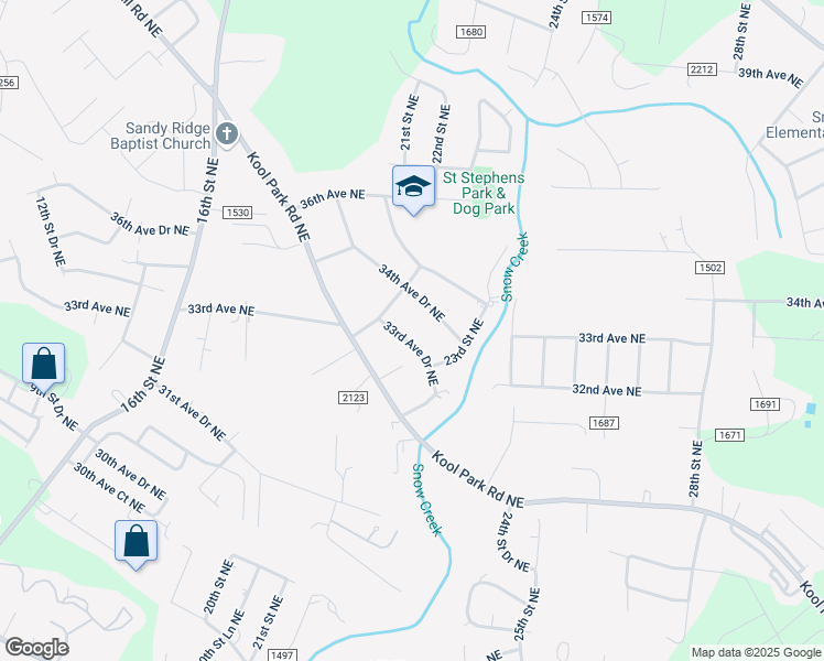 map of restaurants, bars, coffee shops, grocery stores, and more near 2216 34th Avenue Drive Northeast in Hickory