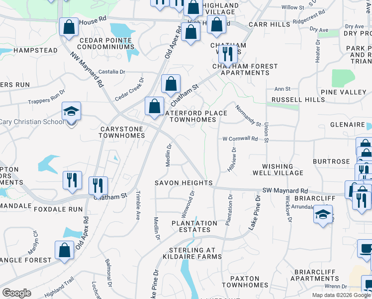 map of restaurants, bars, coffee shops, grocery stores, and more near 112 Greengate Court in Cary
