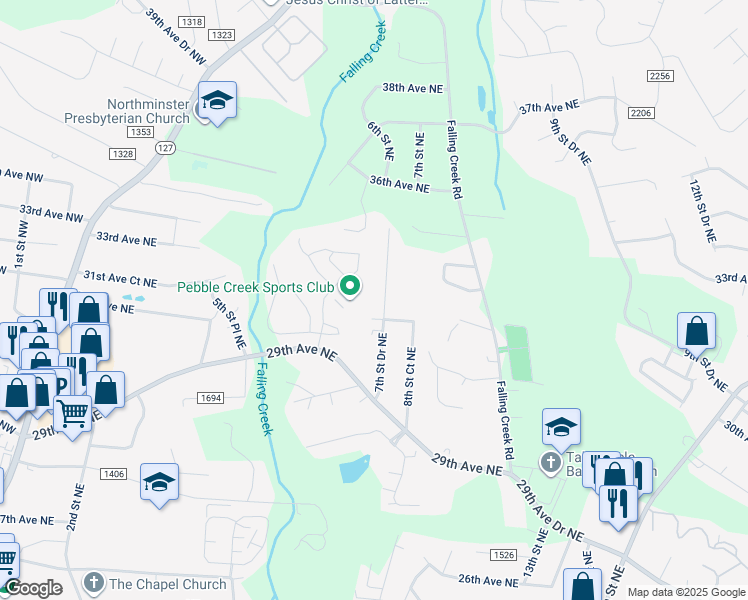map of restaurants, bars, coffee shops, grocery stores, and more near 3125 7th Street Drive Northeast in Hickory