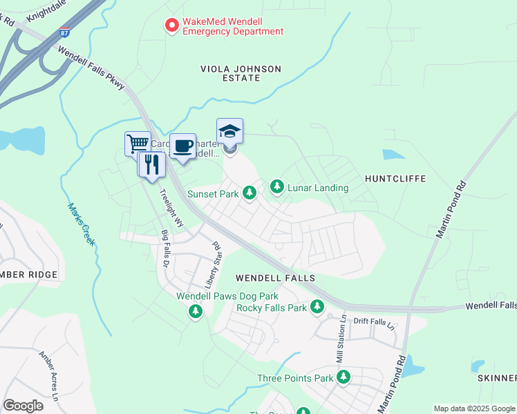 map of restaurants, bars, coffee shops, grocery stores, and more near 209 Hidden Shadow Lane in Wendell