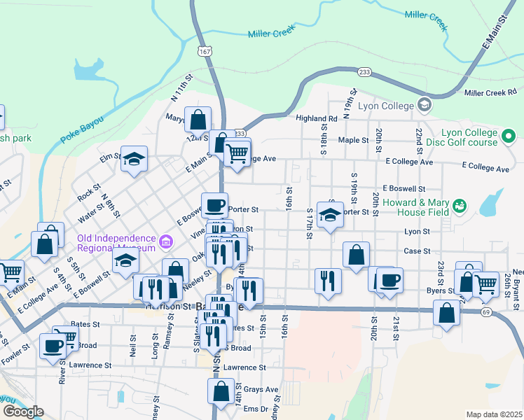 map of restaurants, bars, coffee shops, grocery stores, and more near 1487 Porter Street in Batesville
