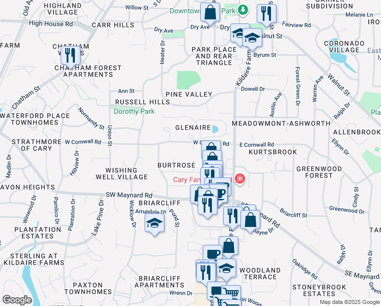 map of restaurants, bars, coffee shops, grocery stores, and more near 104 Epping Way in Cary
