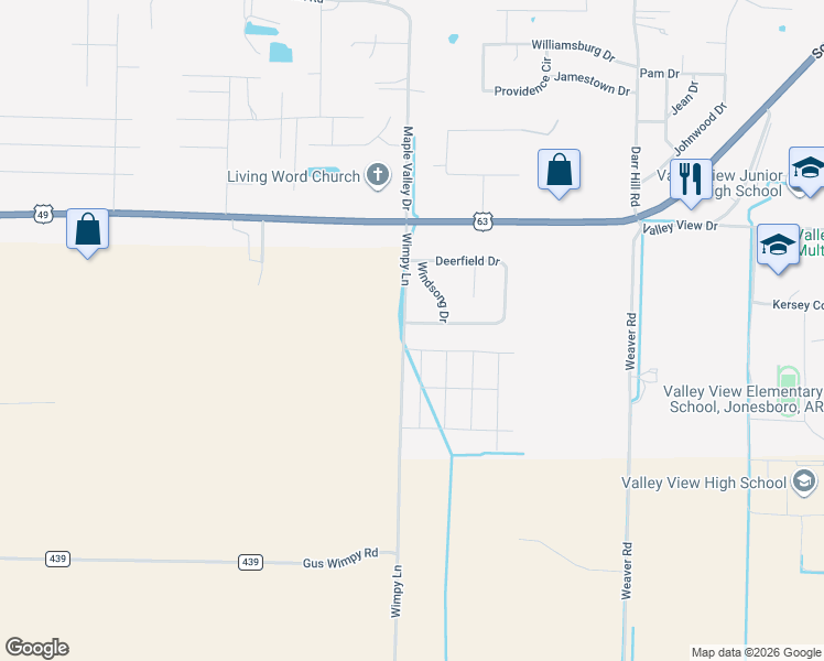 map of restaurants, bars, coffee shops, grocery stores, and more near 5100 Deerfield Drive in Jonesboro