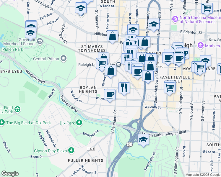 map of restaurants, bars, coffee shops, grocery stores, and more near 613 West Cabarrus Street in Raleigh