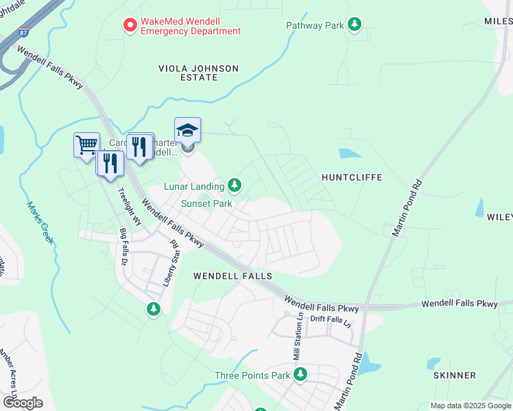 map of restaurants, bars, coffee shops, grocery stores, and more near 6301 Taylor Road in Wendell