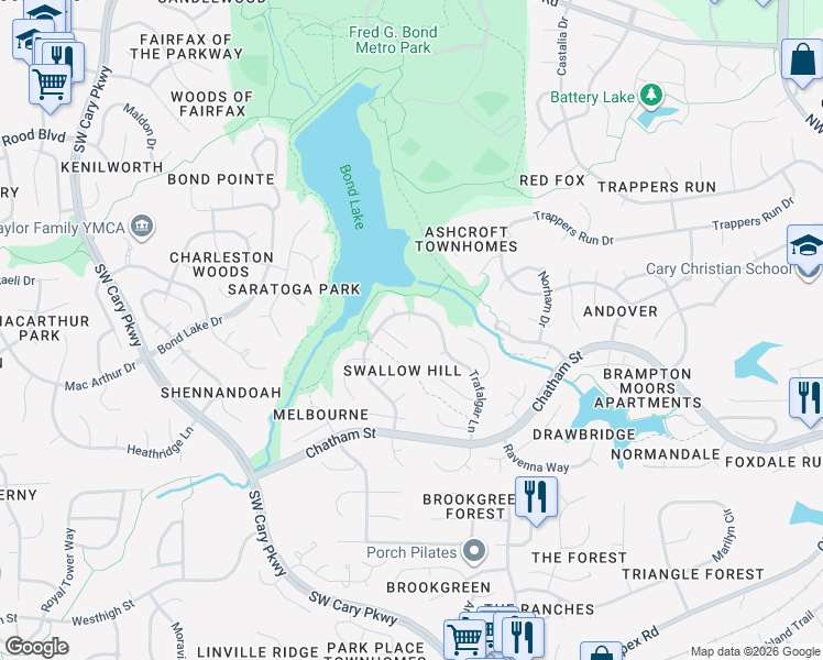 map of restaurants, bars, coffee shops, grocery stores, and more near 104 Kaladar Court in Cary