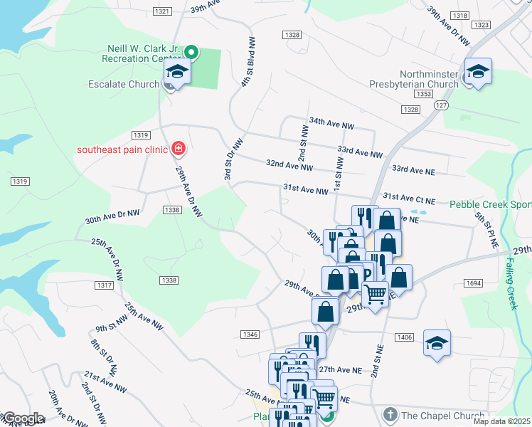 map of restaurants, bars, coffee shops, grocery stores, and more near 215 30th Avenue Northwest in Hickory