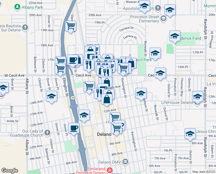 map of restaurants, bars, coffee shops, grocery stores, and more near 1420 Main Street in Delano