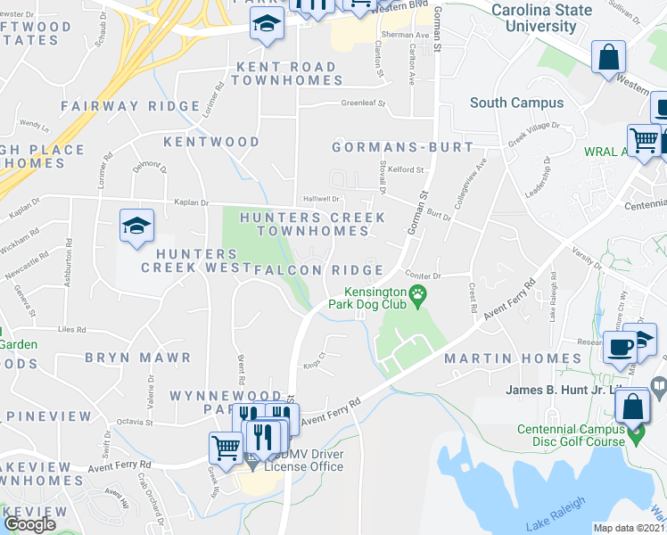 map of restaurants, bars, coffee shops, grocery stores, and more near 4280 Kaplan Drive in Raleigh