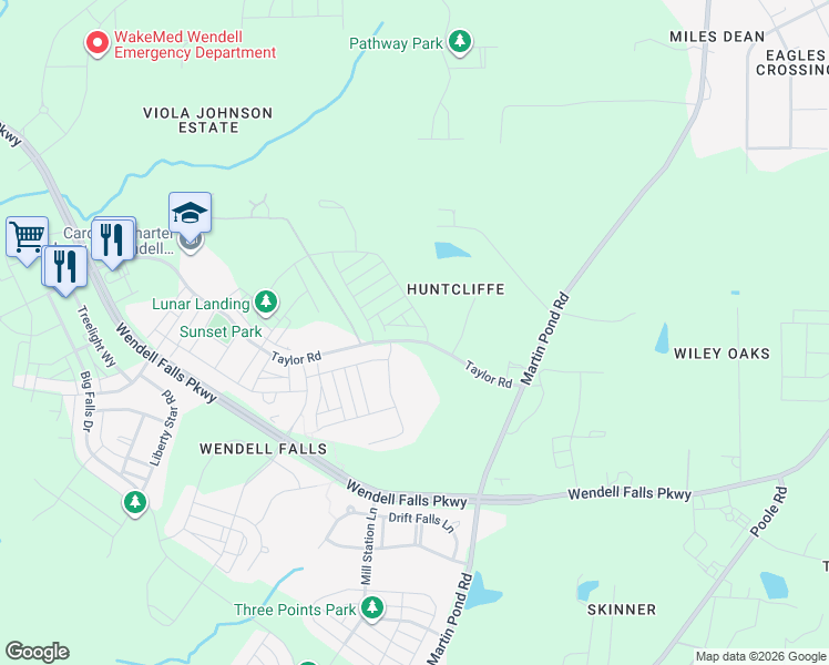 map of restaurants, bars, coffee shops, grocery stores, and more near 6349 Taylor Road in Wendell