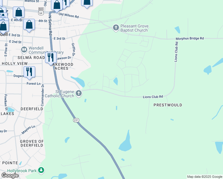 map of restaurants, bars, coffee shops, grocery stores, and more near 753 Lions Club Road in Wendell