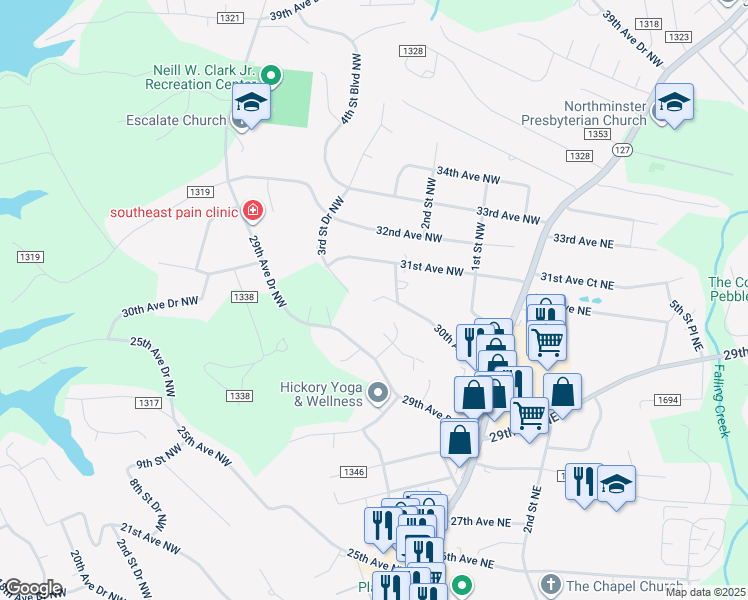 map of restaurants, bars, coffee shops, grocery stores, and more near 238 30th Avenue Northwest in Hickory