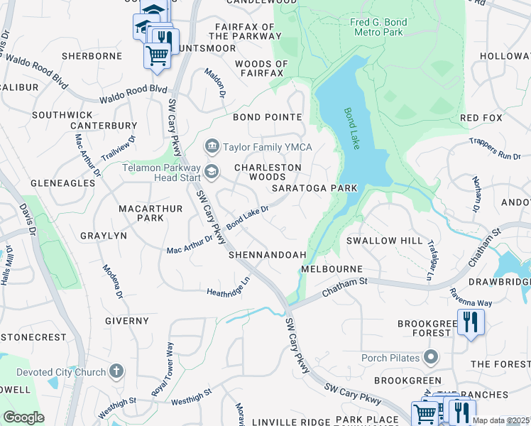 map of restaurants, bars, coffee shops, grocery stores, and more near 101 Vicksburg Drive in Cary