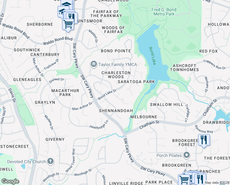 map of restaurants, bars, coffee shops, grocery stores, and more near 101 Vicksburg Drive in Cary