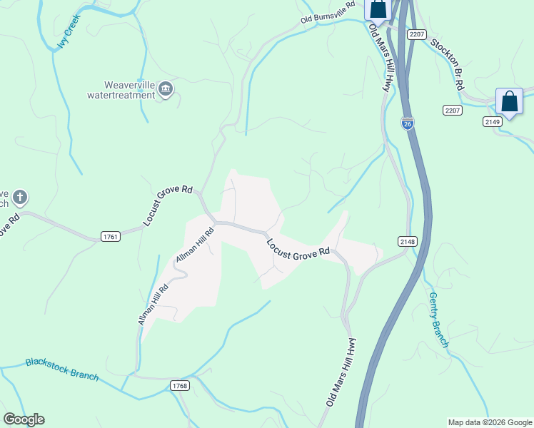 map of restaurants, bars, coffee shops, grocery stores, and more near 20 Moss Road in Weaverville