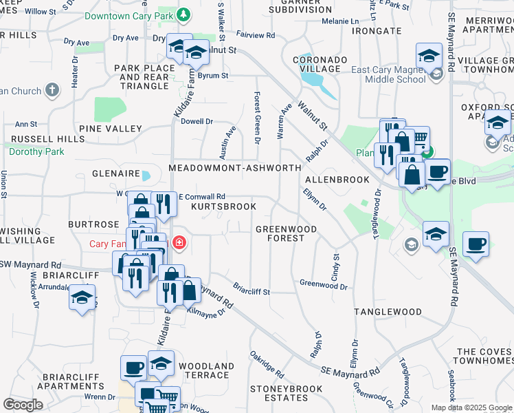 map of restaurants, bars, coffee shops, grocery stores, and more near 907 Washington Street in Cary